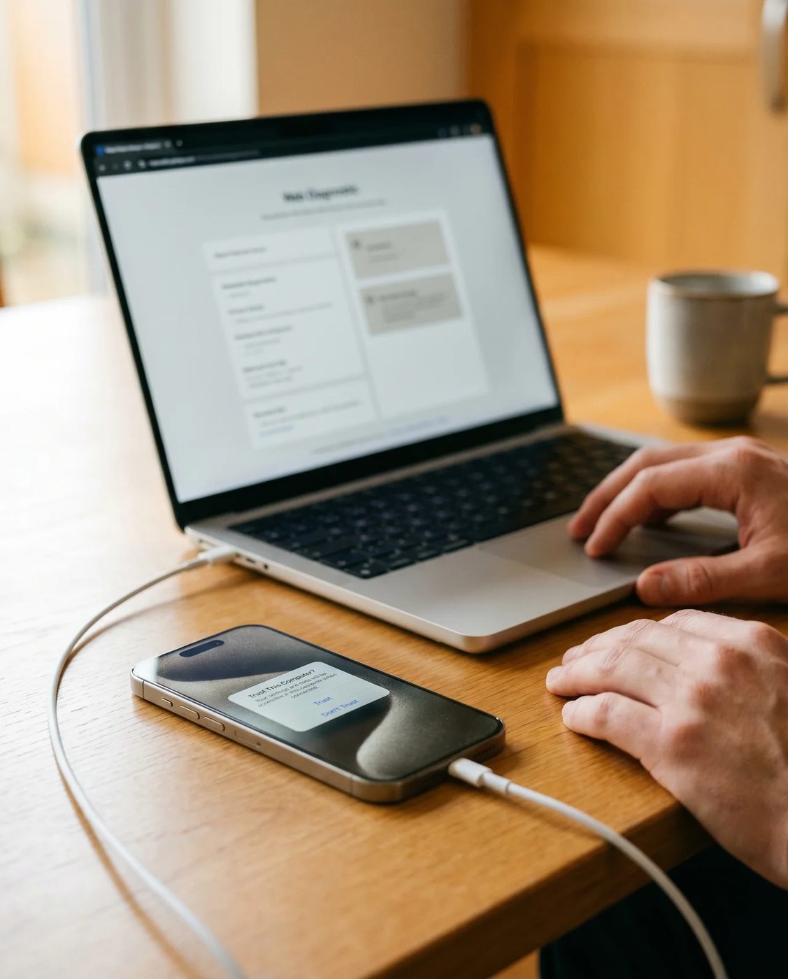 An iPhone plugged into a laptop, running diagnostic checks: IMEI, battery health, activation lock