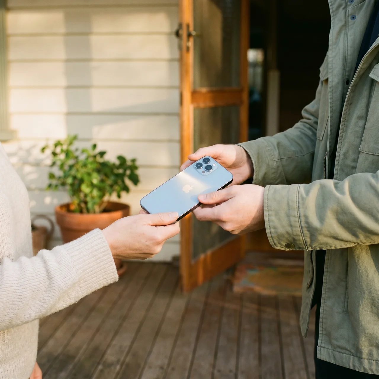 A friendly doorstep handover, iPhone changing hands on a Melbourne porch